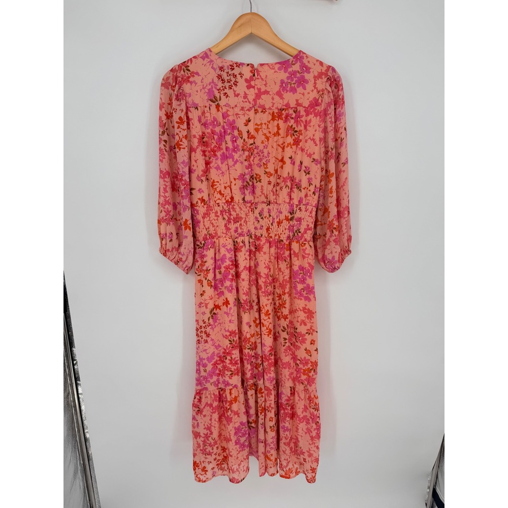 DKNY Womens Pink Floral Chiffon V-Neck Smocked Back Tiered Midi Dress Size 10 - Picture 2 of 7